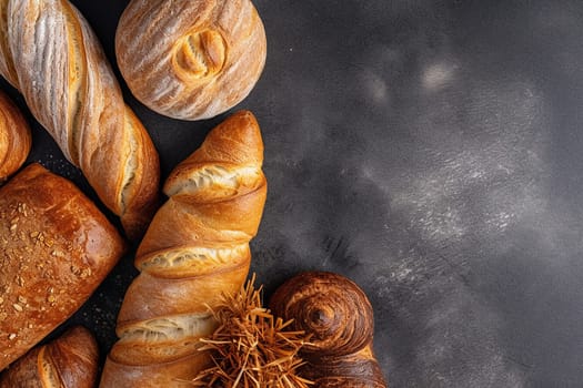 Assortment of freshly baked bread on a dark background.
