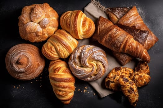 Assorted freshly baked pastries on a dark surface