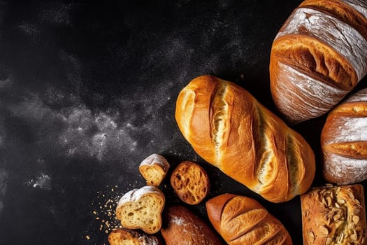 Assorted freshly baked breads displayed on a dark surface with scattered flour.