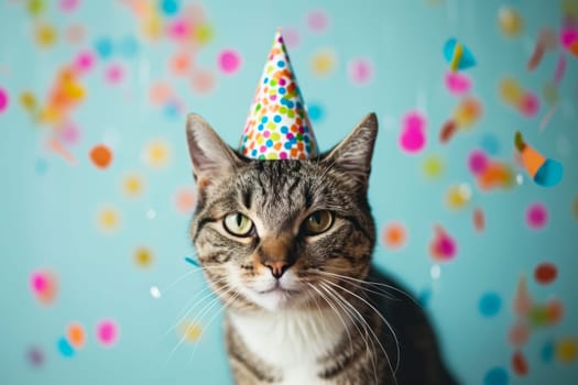 A playful photo of a cat wearing a colorful party hat with confetti scattered on it, set against a bright background.