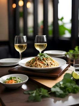 Dining Elegance. Thai Pad Noodles, White Wine, and Impeccable Service in High-Resolution.