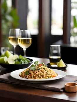 Culinary Harmony. High-Resolution Image of Thai Pad Noodles and White Wine in a Restaurant Setting.