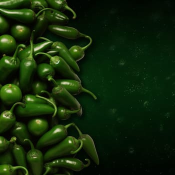 A pile of fresh green jalapeno peppers on a dark background.
