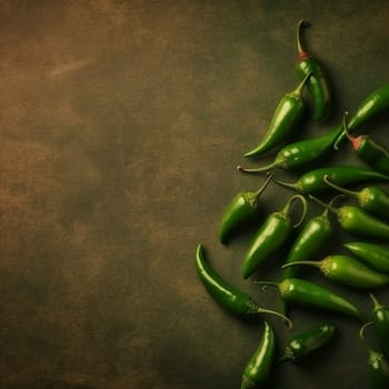 Green jalapeno peppers arranged on a textured brown background.