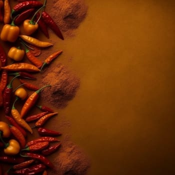 Assortment of spicy red and yellow chili peppers on a textured background.