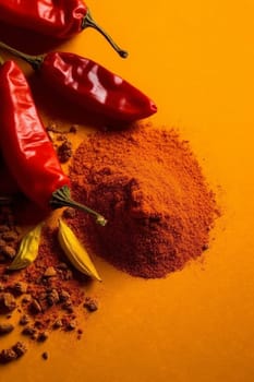 Red chili peppers and powder on a vibrant orange background.