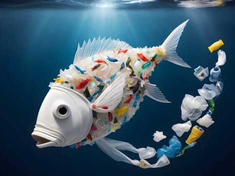 A fish of microplastics, plastic bags and waste in the open ocean.