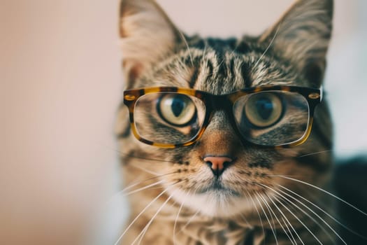A detailed view of a cat up close, wearing glasses. The glasses frame the felines face, adding a touch of whimsy to the image.