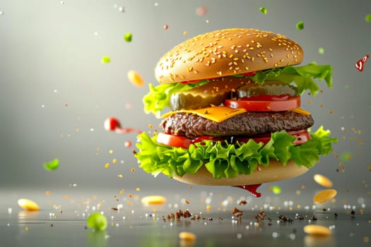 A giant hamburger is seen flying through the air with fresh lettuce and ripe tomatoes in this action-packed image.