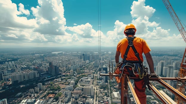 A construction worker stands atop a skyscraper, surrounded by the mesmerizing city landscape, under a cloudy sky with water glittering in the distance. AIG41