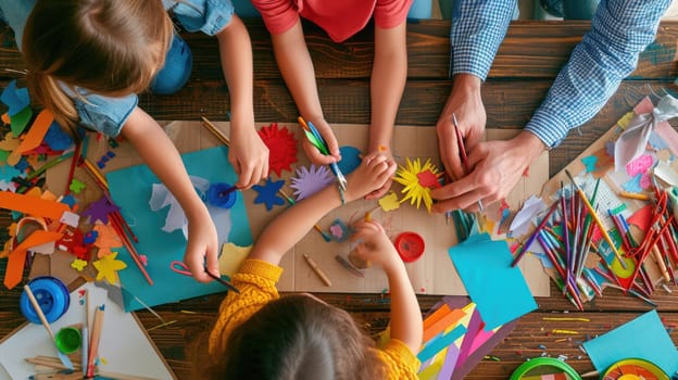 A family enjoys quality time together, engaging in arts and crafts at a colorful and messy home workstation, fostering creativity. AIG41