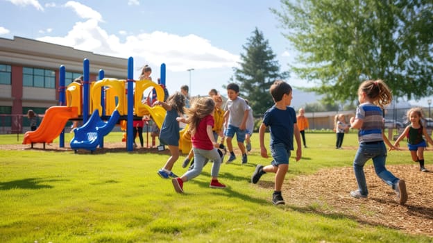 A bunch of kids enjoying their leisure time in a neighborhood playground, surrounded by tall buildings, green grass, trees, and the clear blue sky. AIG41