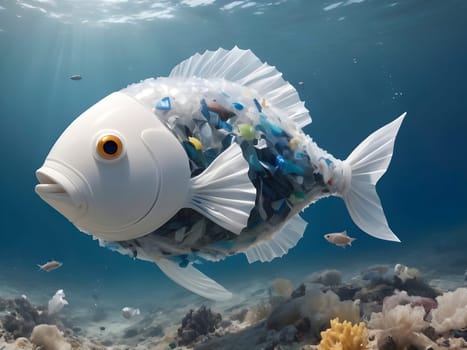 Concept of ocean pollution. A fish composed of microplastics, plastic bags, and trash in the open ocean.