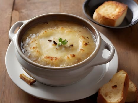 French Onion Soup with Gooey Cheese and Crunchy Croutons.