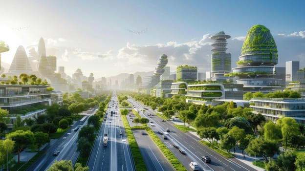 A vehicle navigates a thoroughfare surrounded by futuristic skyscrapers, illuminated by automotive lighting, with plants and trees lining the asphalt. AIG41