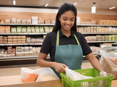 Eco-Friendly Checkout. Grocery Store Cashier Embracing Reusable Packaging.