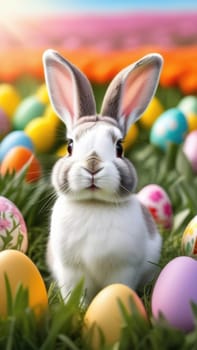 Holiday celebration banner with cute Easter bunny with decorated eggs and spring flowers on green spring meadow. Rabbit in landscape. Happy Easter greeting card, banner, festive background. Copy space