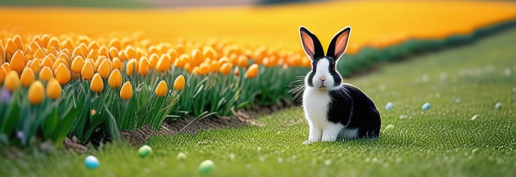 Holiday celebration banner with cute Easter bunny with decorated eggs and spring flowers on green spring meadow. Rabbit in landscape. Happy Easter greeting card, banner, festive background. Copy space