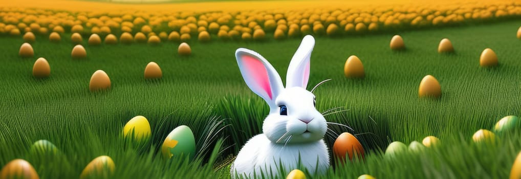 Holiday celebration banner with cute Easter bunny with decorated eggs and spring flowers on green spring meadow. Rabbit in landscape. Happy Easter greeting card, banner, festive background. Copy space