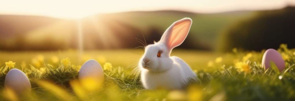 Holiday celebration banner with cute Easter bunny with decorated eggs and spring flowers on green spring meadow. Rabbit in landscape. Happy Easter greeting card, banner, festive background. Copy space