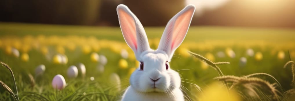 Holiday celebration banner with cute Easter bunny with decorated eggs and spring flowers on green spring meadow. Rabbit in landscape. Happy Easter greeting card, banner, festive background. Copy space