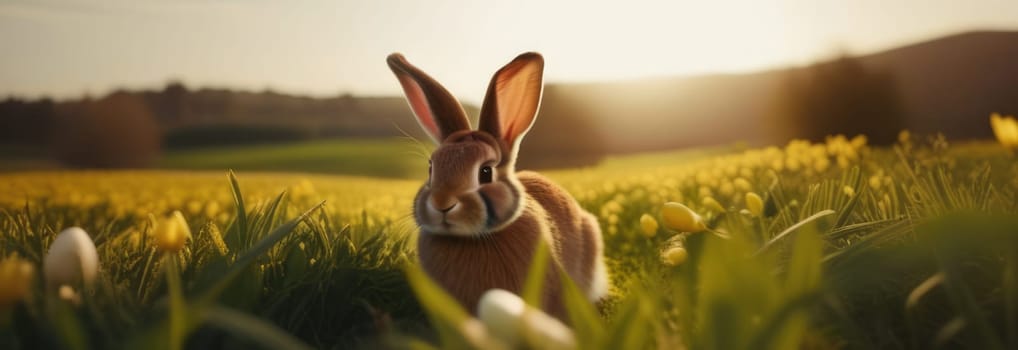 Holiday celebration banner with cute Easter bunny with decorated eggs and spring flowers on green spring meadow. Rabbit in landscape. Happy Easter greeting card, banner, festive background. Copy space