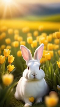 Holiday celebration banner with cute Easter bunny with decorated eggs and spring flowers on green spring meadow. Rabbit in landscape. Happy Easter greeting card, banner, festive background. Copy space