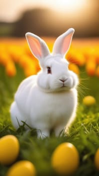Holiday celebration banner with cute Easter bunny with decorated eggs and spring flowers on green spring meadow. Rabbit in landscape. Happy Easter greeting card, banner, festive background. Copy space