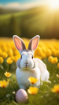 Holiday celebration banner with cute Easter bunny with decorated eggs and spring flowers on green spring meadow. Rabbit in landscape. Happy Easter greeting card, banner, festive background. Copy space
