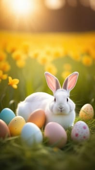 Holiday celebration banner with cute Easter bunny with decorated eggs and spring flowers on green spring meadow. Rabbit in landscape. Happy Easter greeting card, banner, festive background. Copy space