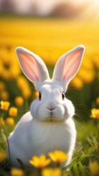 Holiday celebration banner with cute Easter bunny with decorated eggs and spring flowers on green spring meadow. Rabbit in landscape. Happy Easter greeting card, banner, festive background. Copy space