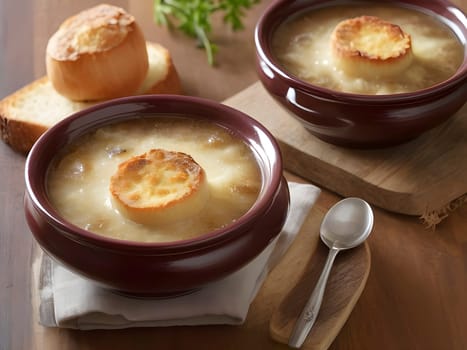 Caramelized Onion Soup with Cheese and Croutons.