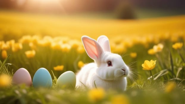 Holiday celebration banner with cute Easter bunny with decorated eggs and spring flowers on green spring meadow. Rabbit in landscape. Happy Easter greeting card, banner, festive background. Copy space