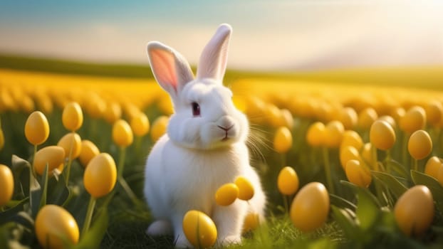 Holiday celebration banner with cute Easter bunny with decorated eggs and spring flowers on green spring meadow. Rabbit in landscape. Happy Easter greeting card, banner, festive background. Copy space