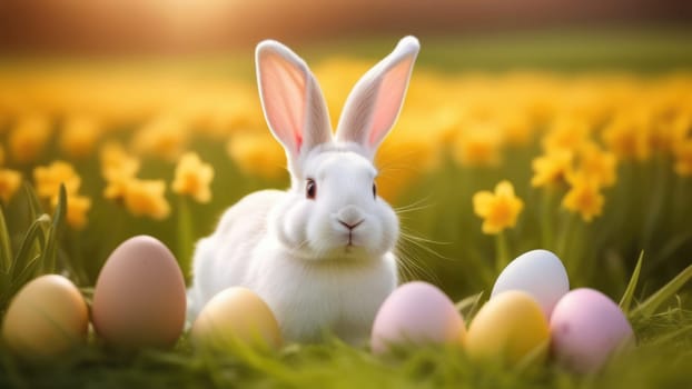 Holiday celebration banner with cute Easter bunny with decorated eggs and spring flowers on green spring meadow. Rabbit in landscape. Happy Easter greeting card, banner, festive background. Copy space