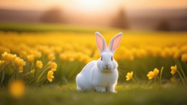 Holiday celebration banner with cute Easter bunny with decorated eggs and spring flowers on green spring meadow. Rabbit in landscape. Happy Easter greeting card, banner, festive background. Copy space