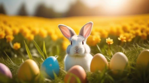 Holiday celebration banner with cute Easter bunny with decorated eggs and spring flowers on green spring meadow. Rabbit in landscape. Happy Easter greeting card, banner, festive background. Copy space