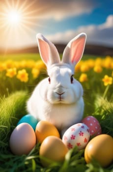 Holiday celebration banner with cute Easter bunny with decorated eggs and spring flowers on green spring meadow. Rabbit in landscape. Happy Easter greeting card, banner, festive background. Copy space