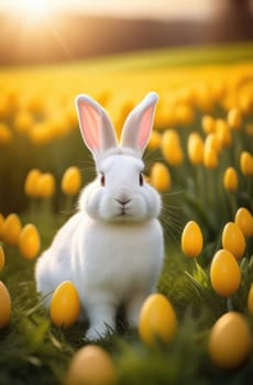 Holiday celebration banner with cute Easter bunny with decorated eggs and spring flowers on green spring meadow. Rabbit in landscape. Happy Easter greeting card, banner, festive background. Copy space
