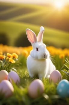 Holiday celebration banner with cute Easter bunny with decorated eggs and spring flowers on green spring meadow. Rabbit in landscape. Happy Easter greeting card, banner, festive background. Copy space