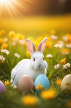 Holiday celebration banner with cute Easter bunny with decorated eggs and spring flowers on green spring meadow. Rabbit in landscape. Happy Easter greeting card, banner, festive background. Copy space