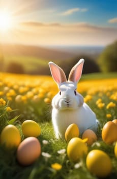Holiday celebration banner with cute Easter bunny with decorated eggs and spring flowers on green spring meadow. Rabbit in landscape. Happy Easter greeting card, banner, festive background. Copy space