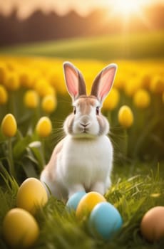 Holiday celebration banner with cute Easter bunny with decorated eggs and spring flowers on green spring meadow. Rabbit in landscape. Happy Easter greeting card, banner, festive background. Copy space
