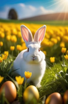 Holiday celebration banner with cute Easter bunny with decorated eggs and spring flowers on green spring meadow. Rabbit in landscape. Happy Easter greeting card, banner, festive background. Copy space