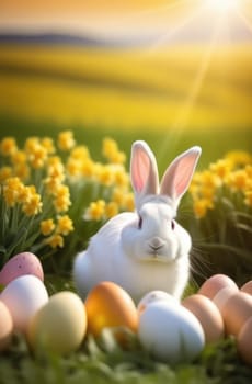 Holiday celebration banner with cute Easter bunny with decorated eggs and spring flowers on green spring meadow. Rabbit in landscape. Happy Easter greeting card, banner, festive background. Copy space