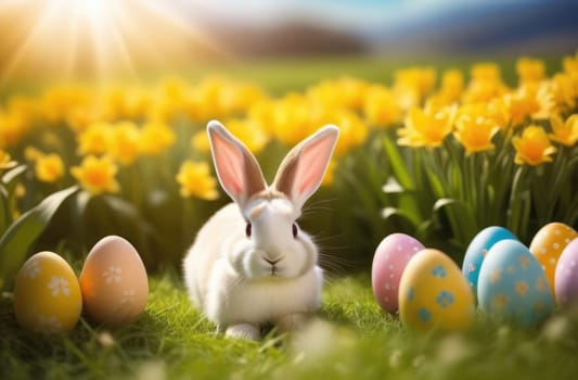 Holiday celebration banner with cute Easter bunny with decorated eggs and spring flowers on green spring meadow. Rabbit in landscape. Happy Easter greeting card, banner, festive background. Copy space
