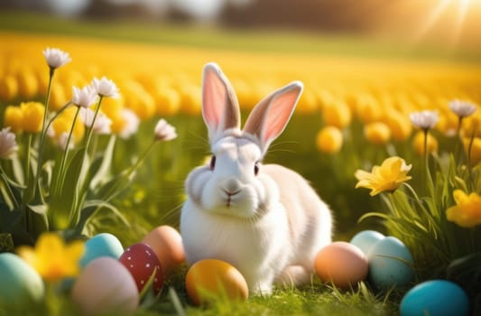 Holiday celebration banner with cute Easter bunny with decorated eggs and spring flowers on green spring meadow. Rabbit in landscape. Happy Easter greeting card, banner, festive background. Copy space
