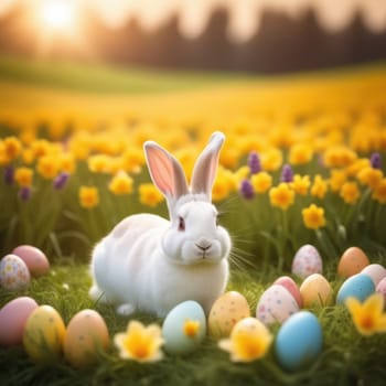 Holiday celebration banner with cute Easter bunny with decorated eggs and spring flowers on green spring meadow. Rabbit in landscape. Happy Easter greeting card, banner, festive background. Copy space