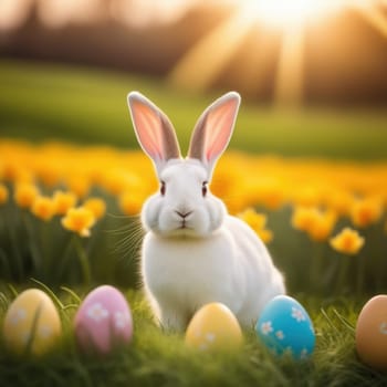 Holiday celebration banner with cute Easter bunny with decorated eggs and spring flowers on green spring meadow. Rabbit in landscape. Happy Easter greeting card, banner, festive background. Copy space