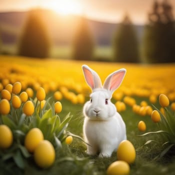 Holiday celebration banner with cute Easter bunny with decorated eggs and spring flowers on green spring meadow. Rabbit in landscape. Happy Easter greeting card, banner, festive background. Copy space